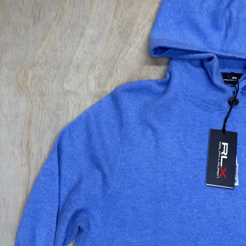NEW RLX Ralph Lauren Golf 10/15 Washable Cashmere Hooded Sweater Blue SM